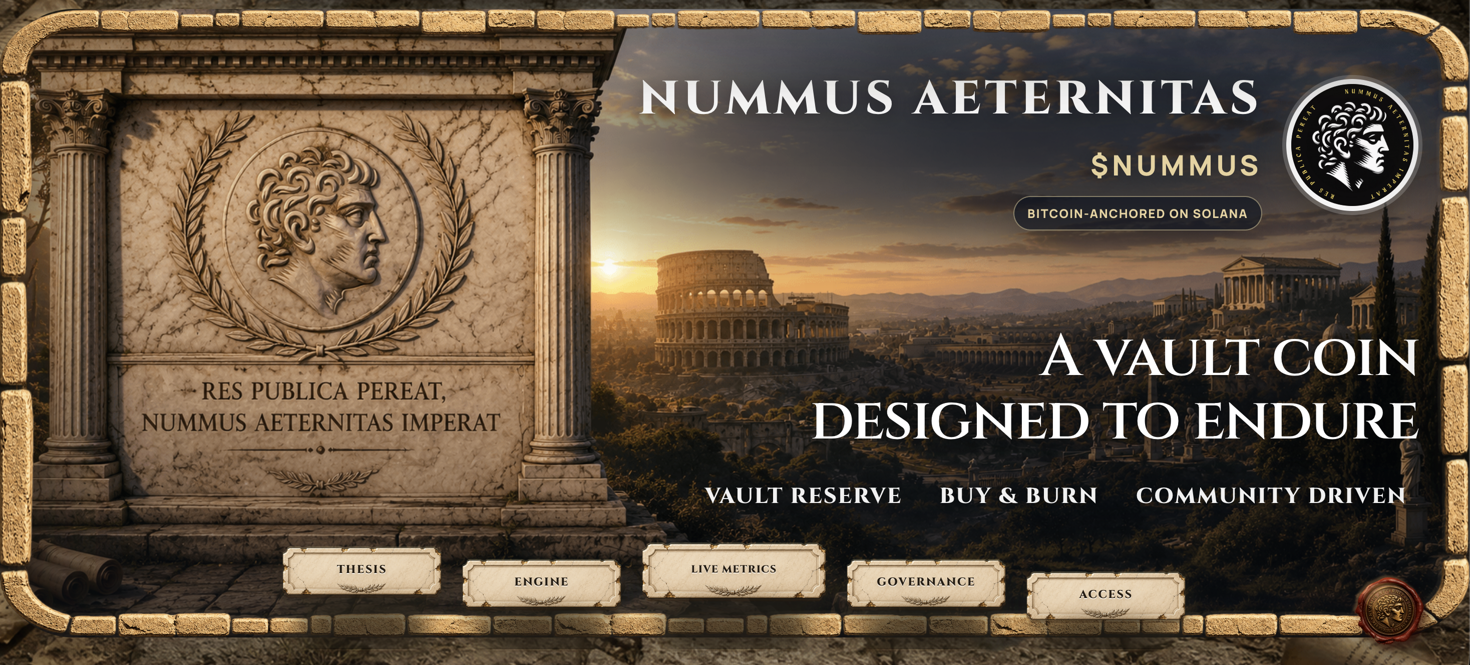 Nummus Aeternitas website showing its Roman-inspired Vault Coin identity